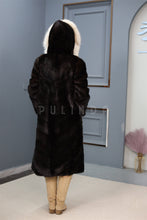 Load image into Gallery viewer, Full length Saga mink fur hooded coat with lynx trim
