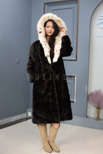 Load image into Gallery viewer, Full length Saga mink fur hooded coat with lynx trim
