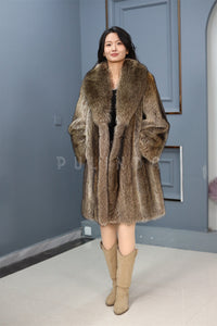 Full length racoon fur coat with shawl collar