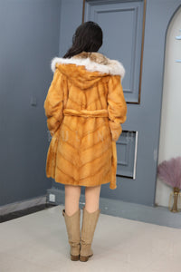 Mid-length Saga mink fur hooded coat with lynx trim