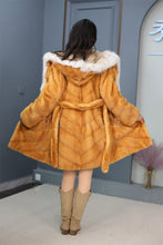 Load image into Gallery viewer, Mid-length Saga mink fur hooded coat with lynx trim
