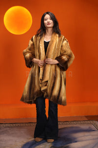 Mid-length natural golden marten coat with shawl collar