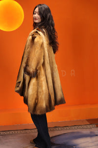 Mid-length natural golden marten coat with shawl collar