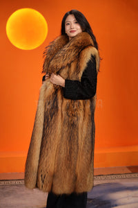 Full length natural finnraccoon fur coat with shawl collar