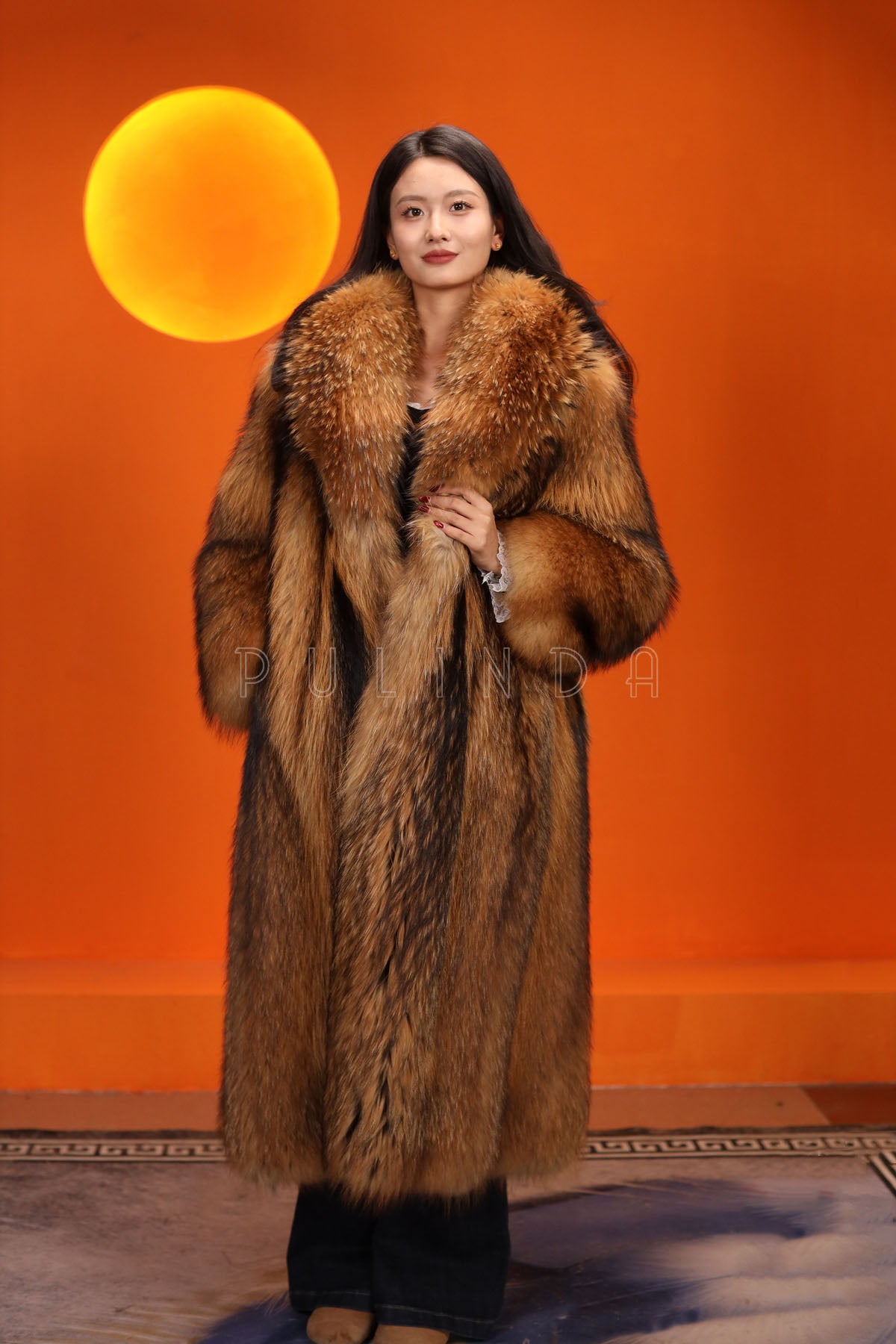 Full length natural finnraccoon fur coat with shawl collar