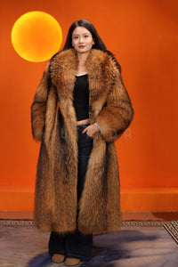 Full length natural finnraccoon fur coat with shawl collar