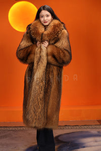 Full length natural finnraccoon fur coat with shawl collar