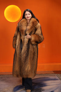 Full length natural finnraccoon fur coat with shawl collar