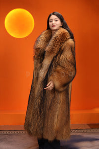 Full length natural finnraccoon fur coat with shawl collar