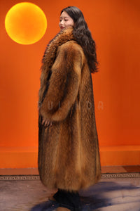 Full length natural finnraccoon fur coat with shawl collar