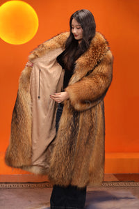 Full length natural finnraccoon fur coat with shawl collar