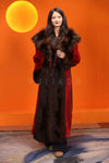 Full length natural Saga mink fur coat with raccoon shawl collar