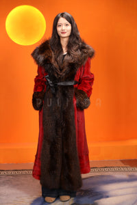 Full length natural Saga mink fur coat with raccoon shawl collar