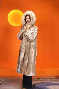 Full length women's natural lynx fur hooded coat