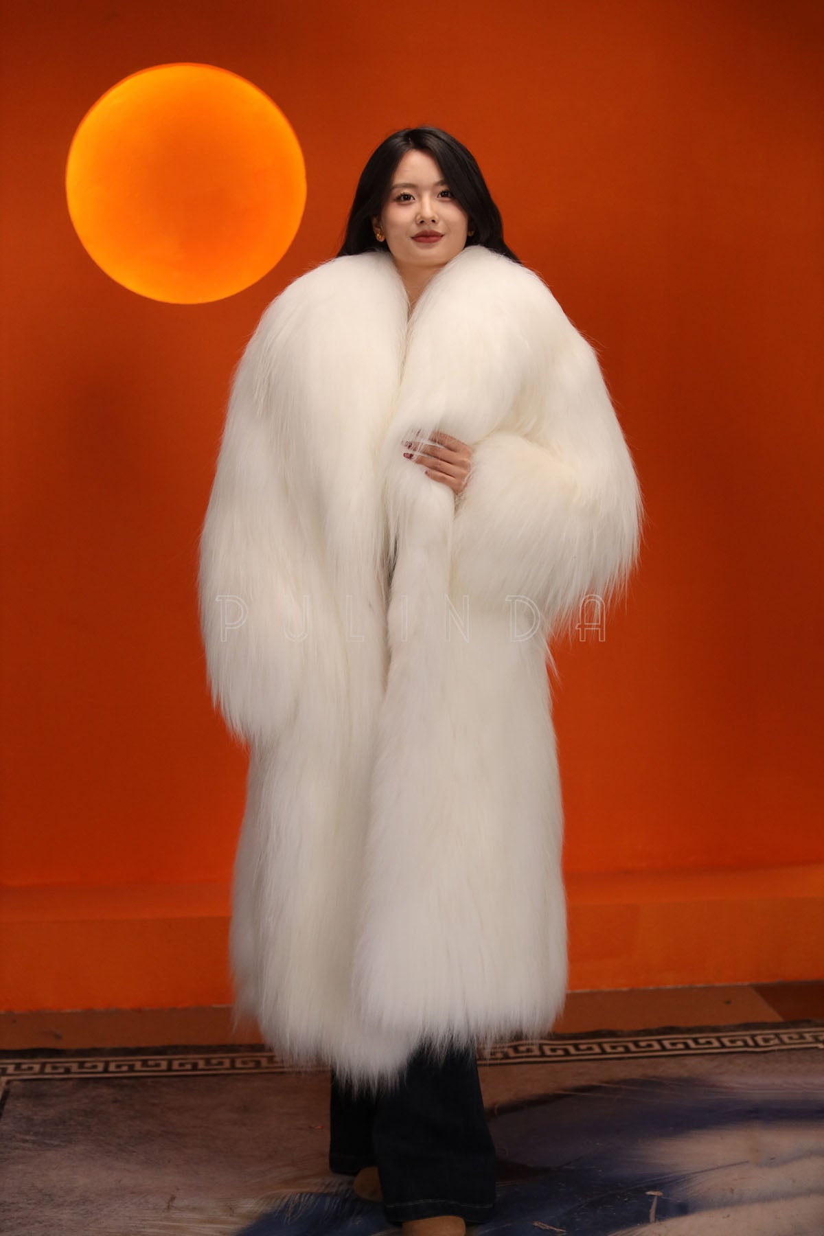 Full length Saga arctic fox fur coat with shawl collar