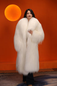 Full length Saga arctic fox fur coat with shawl collar