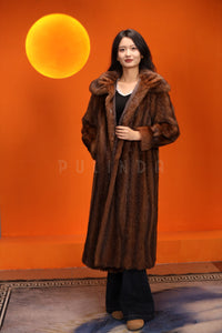 Full length natural muskrat fur coat with shawl collar