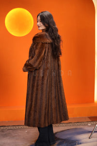 Full length natural muskrat fur coat with shawl collar