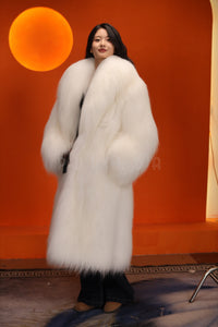 Full length Saga arctic fox fur coat with shawl collar