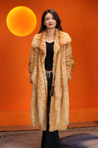 Full length natural bobcat fur coat with shawl collar