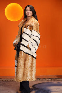 Full length natural bobcat and mink fur coat with shawl collar