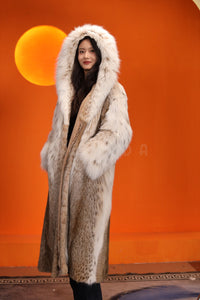 Full length women's natural lynx fur hooded coat