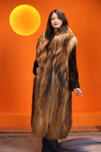 Full length natural raccoon fur coat with shawl collar