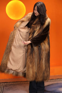 Full length natural raccoon fur coat with shawl collar