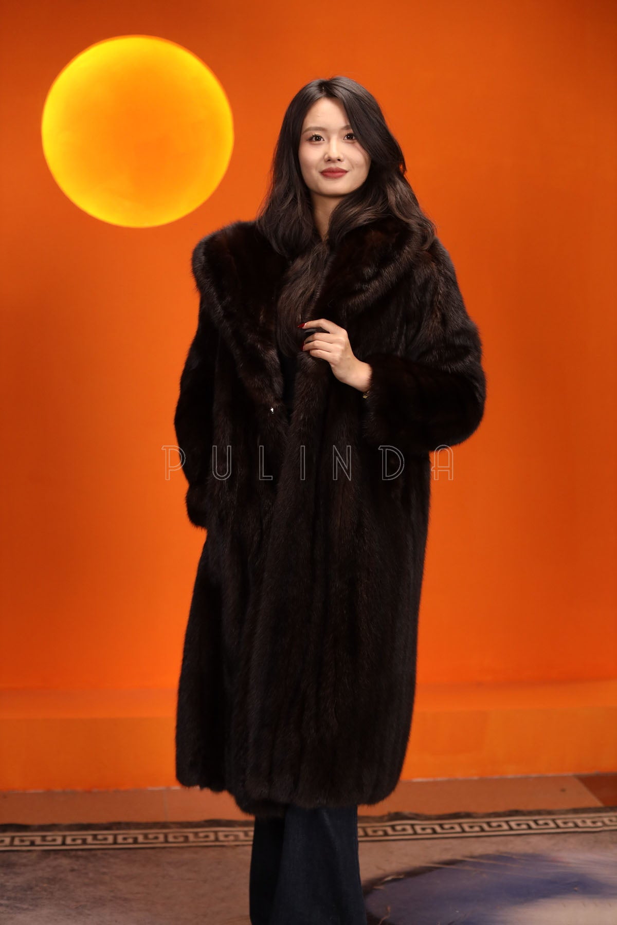 Full length natural muskrat fur hooded coat