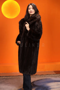 Full length natural muskrat fur hooded coat