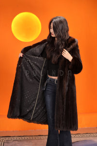 Full length natural muskrat fur hooded coat