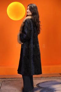 Full length natural karakul fur coat with sable english collar