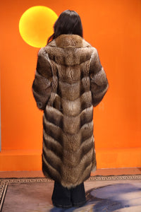 Full length natural racoon fur coat with english collar