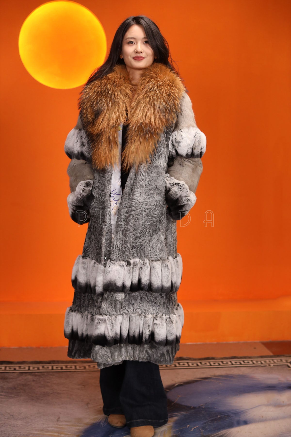 Full length natural karakul and rex rabbit fur coat with raccoon collar