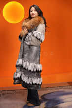 Load image into Gallery viewer, Full length natural karakul and rex rabbit fur coat with raccoon collar
