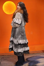 Load image into Gallery viewer, Full length natural karakul and rex rabbit fur coat with raccoon collar
