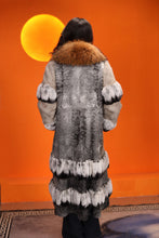 Load image into Gallery viewer, Full length natural karakul and rex rabbit fur coat with raccoon collar
