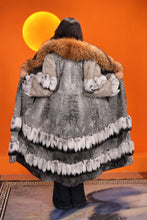 Load image into Gallery viewer, Full length natural karakul and rex rabbit fur coat with raccoon collar
