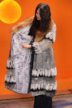 Load image into Gallery viewer, Full length natural karakul and rex rabbit fur coat with raccoon collar
