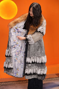 Full length natural karakul and rex rabbit fur coat with raccoon collar