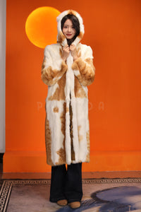 Full length natural cat fur hooded coat