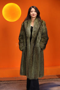 Full length natural racoon fur coat with shawl collar