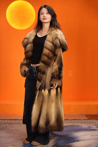 Full length natural golden marten coat with shawl collar