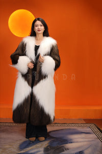 Full length natural Saga fox fur coat with shawl collar