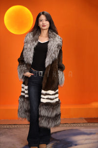 Full length natural mink fur coat with silver fox shawl collar