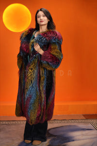 Full length natural raccoon fur hooded coat