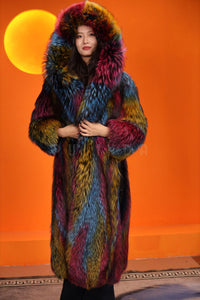 Full length natural raccoon fur hooded coat