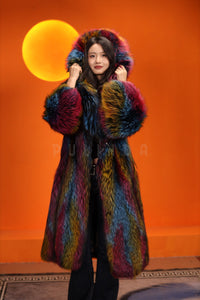 Full length natural raccoon fur hooded coat