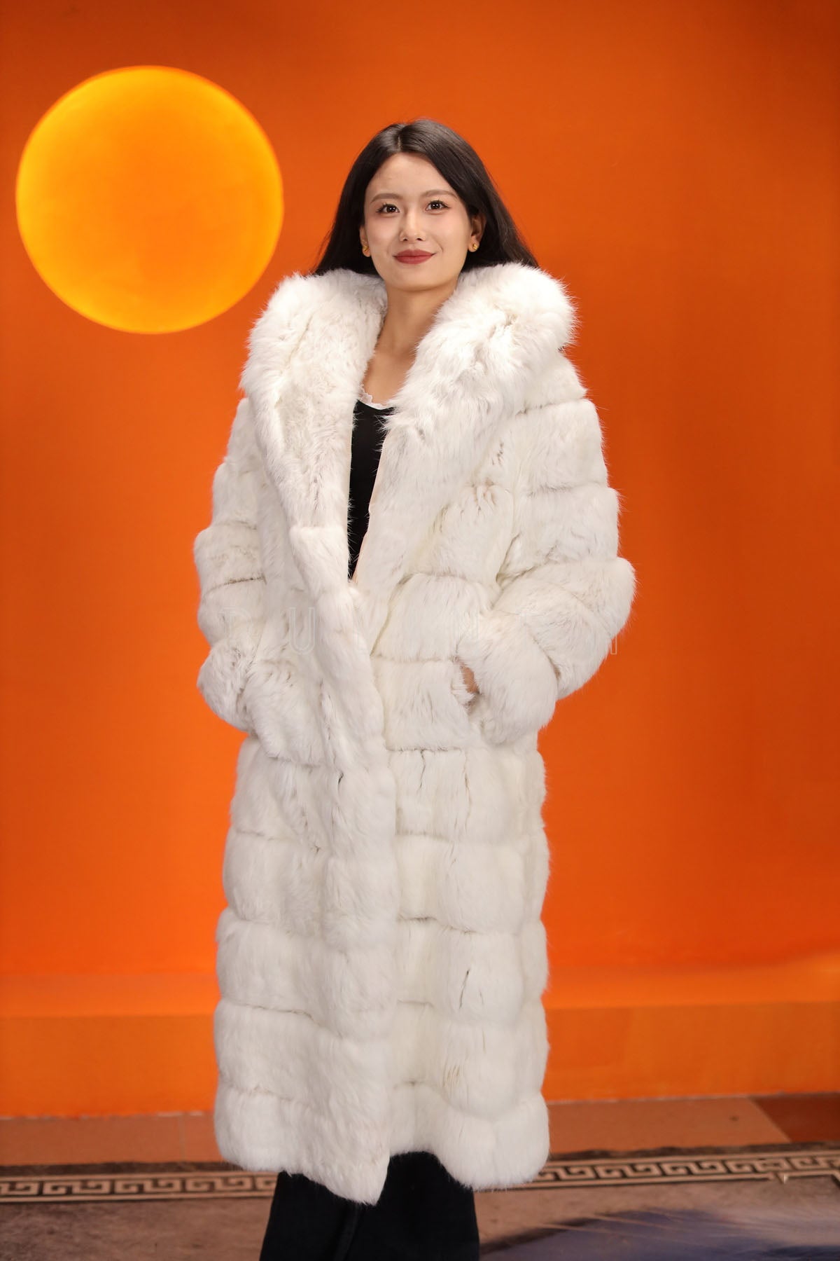 Full length natural arctic hare fur hooded coat