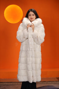 Full length natural arctic hare fur hooded coat